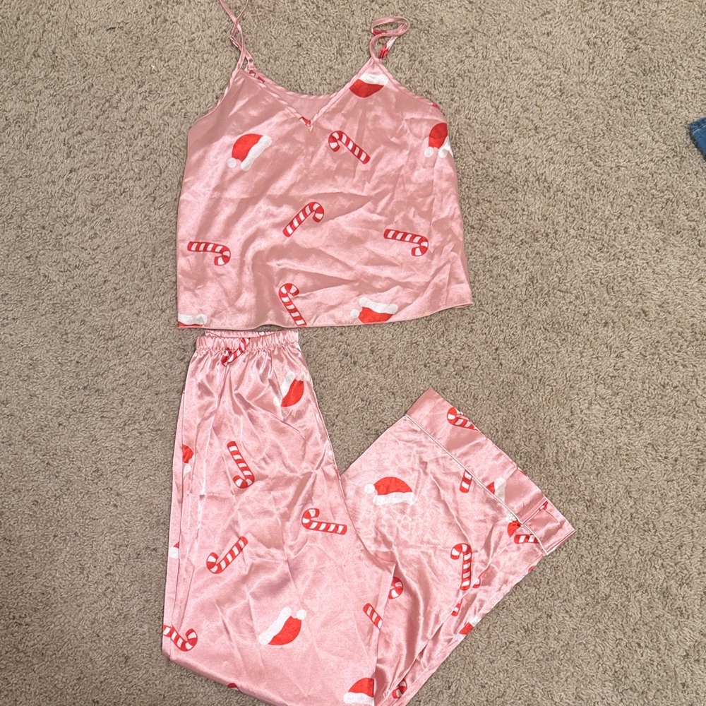 Festive Pink Candy Cane Pajama Set holiday Christmas Santa satin silk Jammie’s